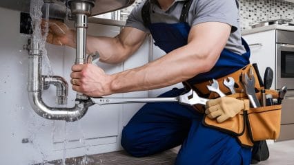 Plumber repairing pipes beneath a sink in Rohnert Park